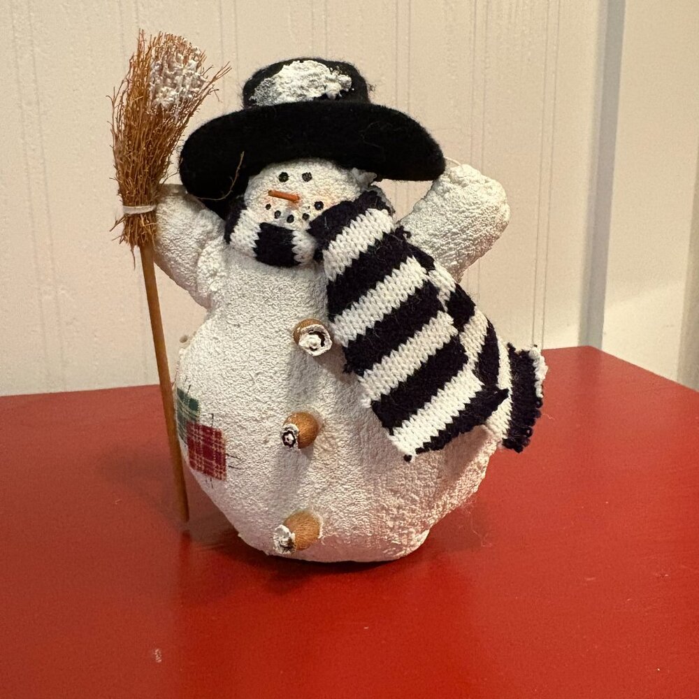 Share Christmas Decor Snowman Figurine, Cotton, painted, holds a broom, 6" tall